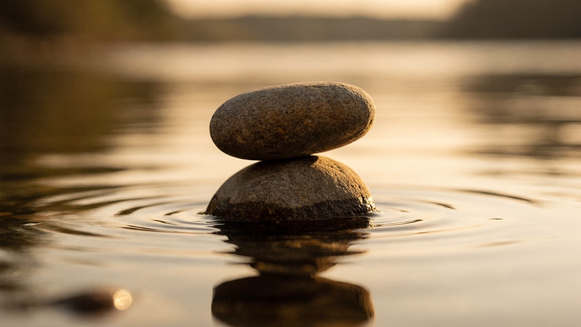 Two balanced river stones in calm golden-hour water, symbolizing the harmony of the Two Rules for Happy Living