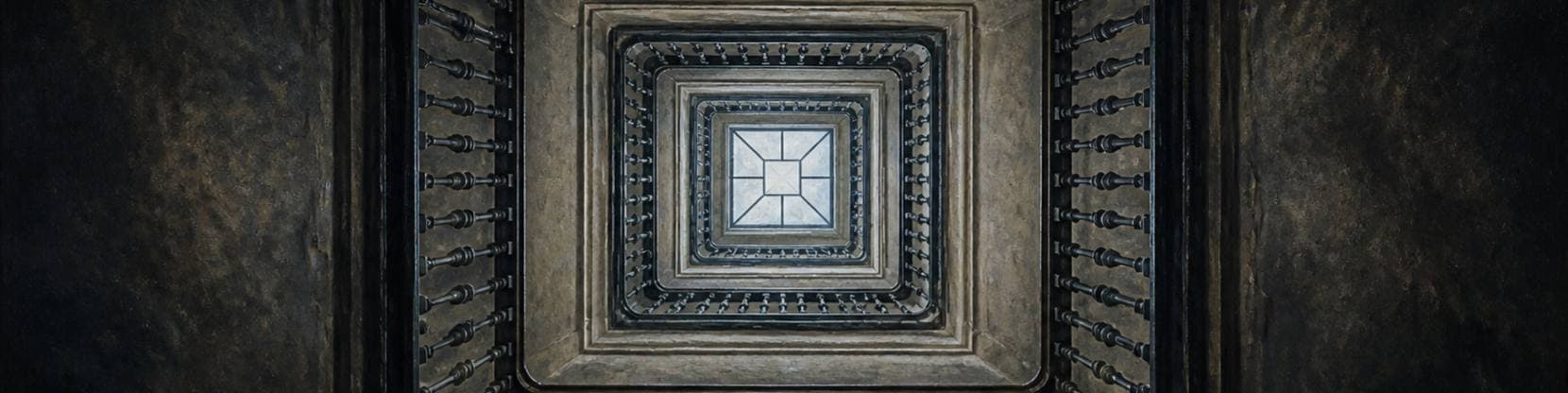 Painting looking straight up a square stairwell through four storeys of banisters to a pale skylight far above.