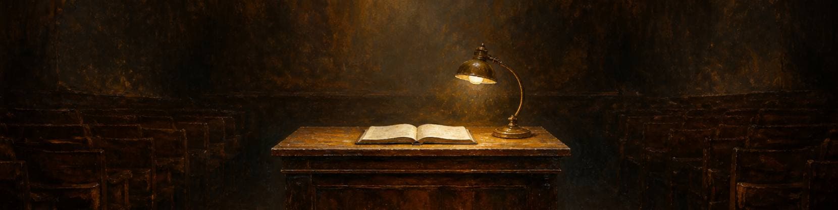 Painting of a worn wooden lecture desk holding an open notebook beneath a brass lamp, empty chairs receding into a dim room.