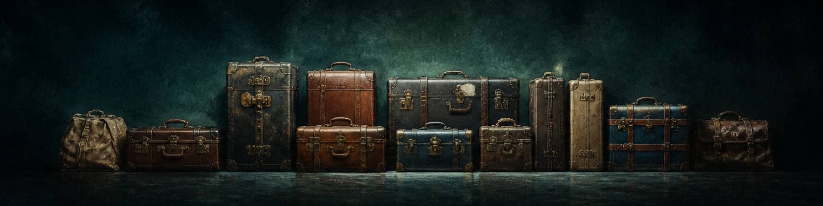 Painting of a long row of old leather travelling cases and steamer trunks set down together against a dark teal wall.