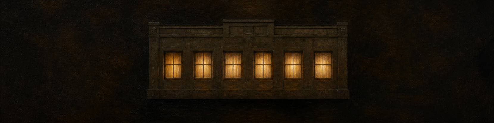 Painting of a low stone building at night, six tall windows glowing warmly along its front, the darkness deep on either side.