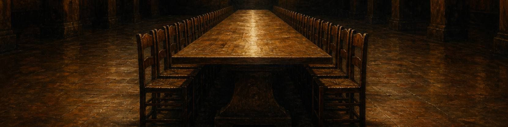 Painting of a long refectory table receding into a dark hall, empty chairs ranged evenly along both of its sides.