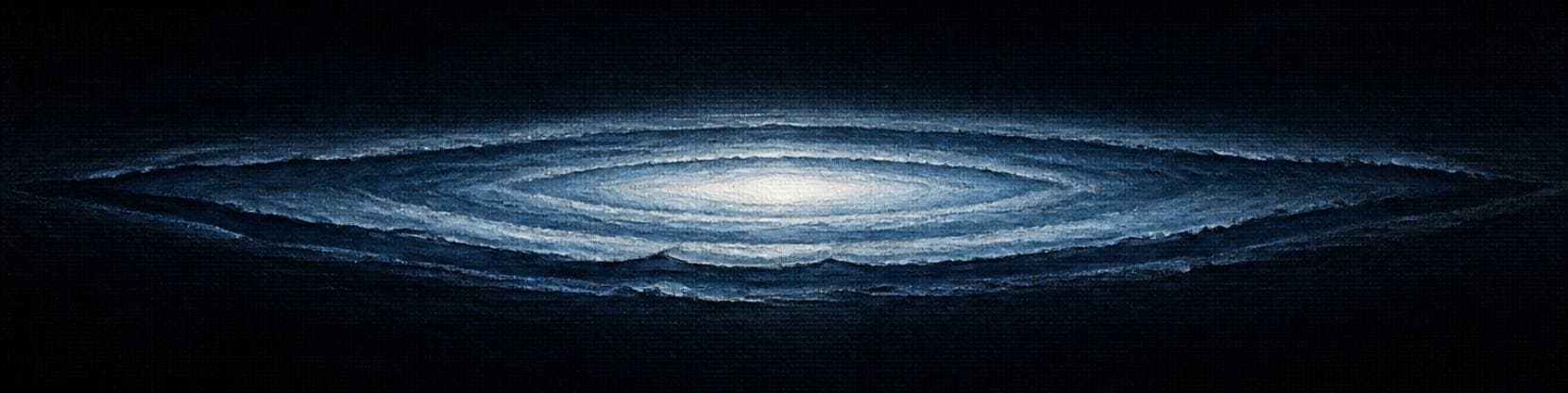 Painting of concentric luminous layers spiralling inward to a pale core, cold and clinical against deep charcoal.