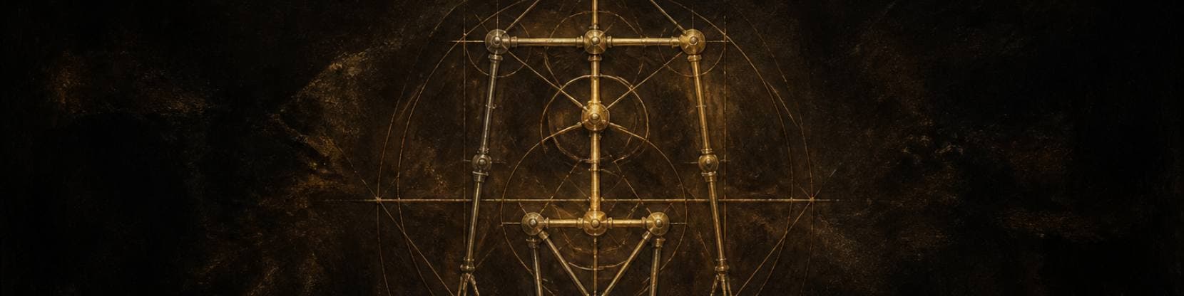 Painting of a luminous brass armature of rods and joints suspended against darkness, an anatomy drawn as pure geometry.