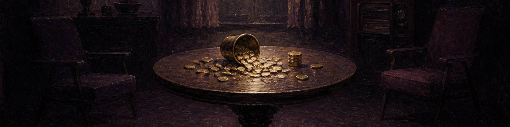 Painting of brass counters spilling from a tipped cup across a round table, two chairs waiting either side in a dim plum room.