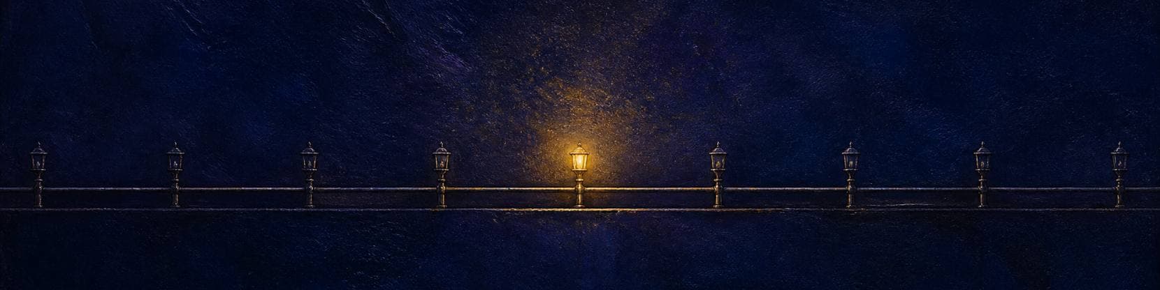 Painting of an ocean liner's deck rail at night, a row of brass lamps standing along it with the central lamp burning.