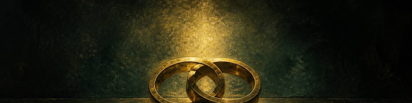 Painting of two heavy brass rings interlocked on a dark polished surface, catching a shaft of warm light from above.
