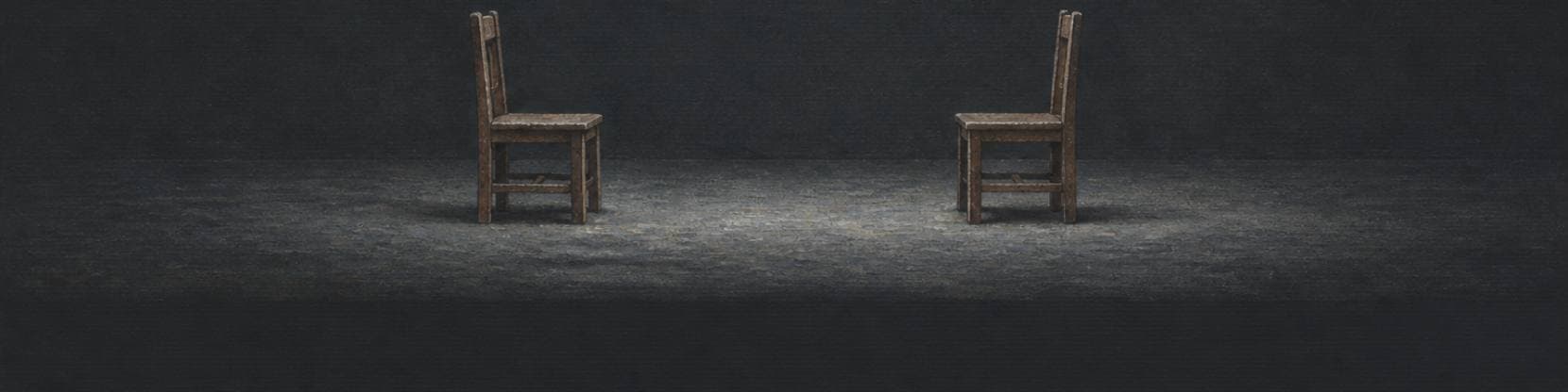 Painting of two small plain wooden chairs facing one another across a short gap on a bare floor, lit by cool white light.