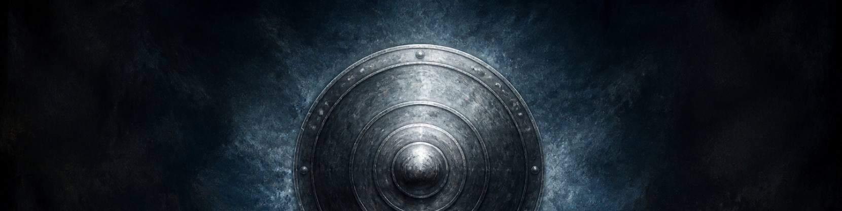 Painting of a heavy circular metal shield with concentric rings pressed into its face, glowing cold silver against deep blue darkness.