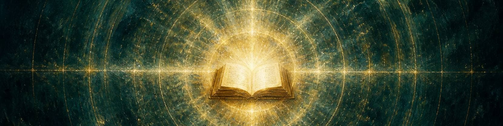 Painting of an open book resting above concentric rings of light that descend in luminous strata into deep teal-green depth.