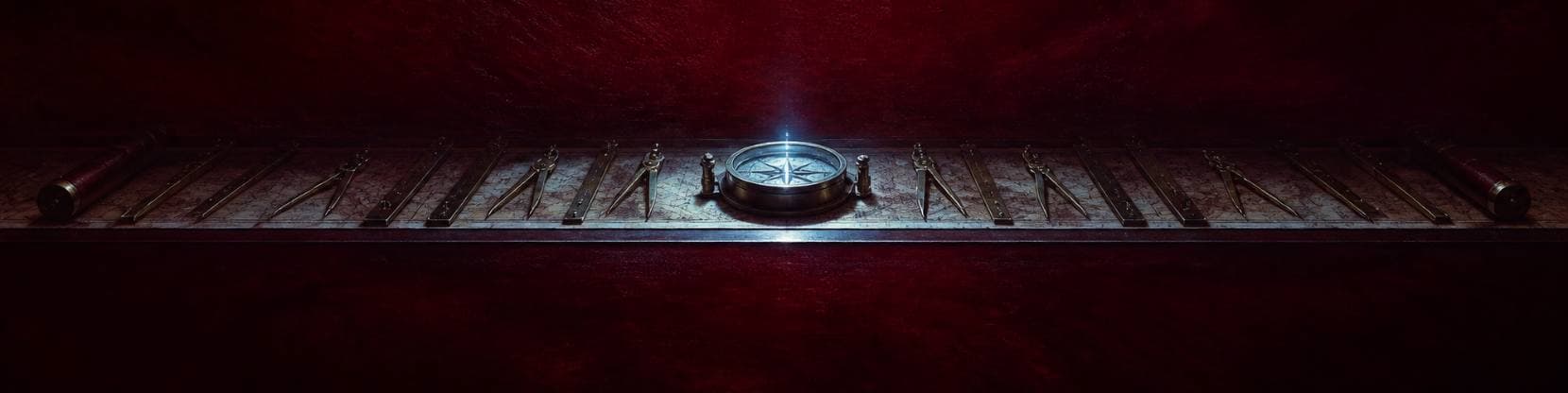 Painting of a ship's chart table laid with brass dividers and parallel rules, a compass at its centre catching cold light.
