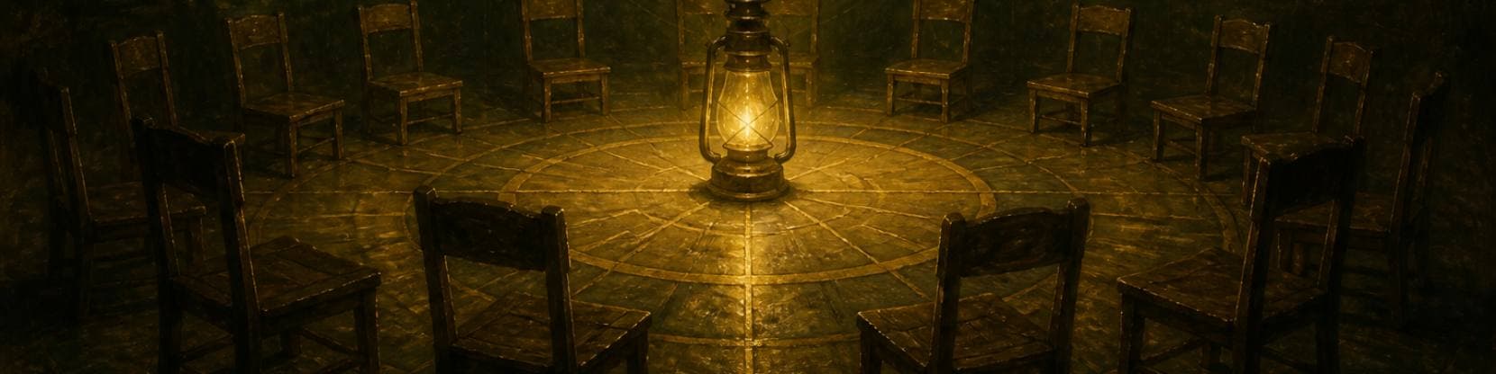Painting of a lamplit lectern holding an open book, ringed by empty wooden chairs in a dim olive-green course room.