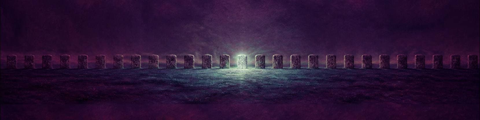 Painting of a line of low carved stone waymarkers running across a dark plain, the central stone lit silver-green.