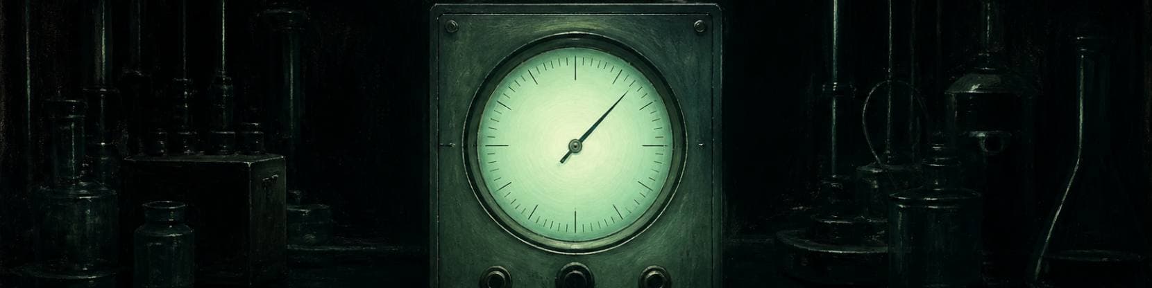 Painting of a nineteen-fifties measuring instrument on a dark bench, its round dial glowing pale green among glassware.