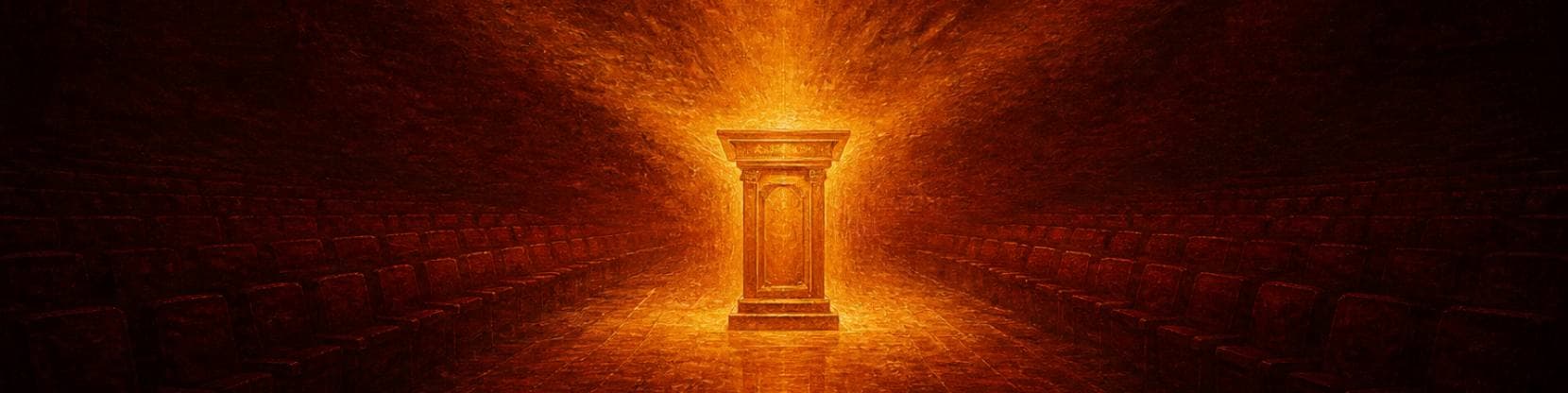Painting of a lectern glowing at the centre of a vast darkened auditorium, warm amber light blooming over rows of empty crimson seats.