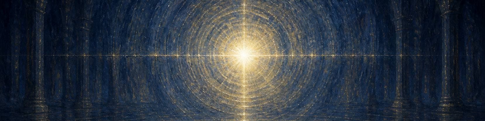 Painting of a shaft of white light striking a dark hall floor and spreading outward in wide concentric rings across deep indigo blue.