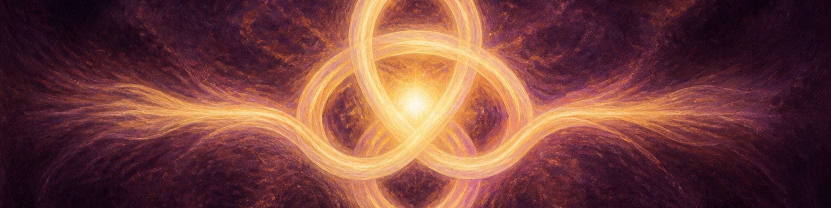 Painting of three luminous ribbons of gold, rose and violet light braided together at the centre of a dark plum field.