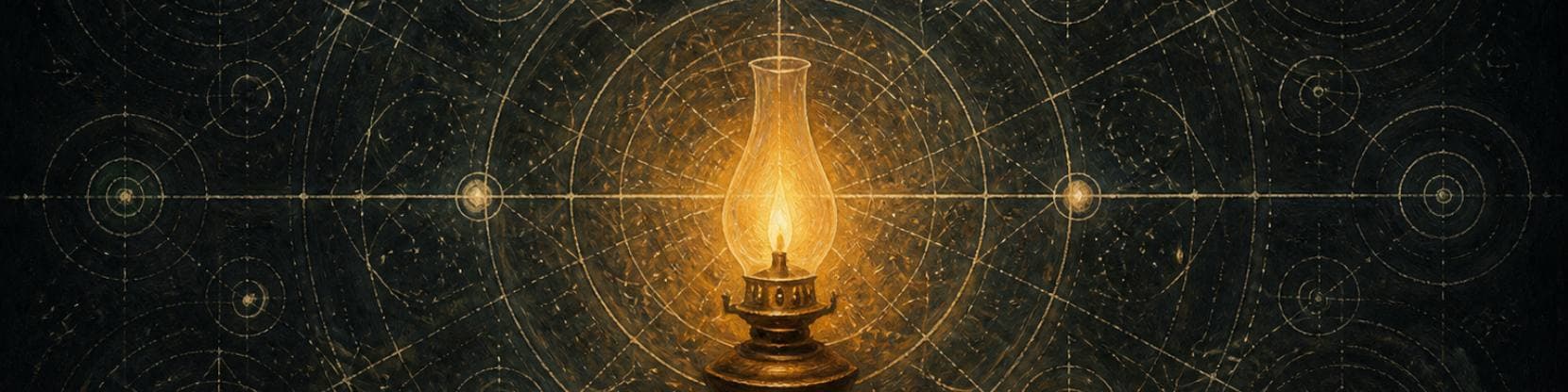 Painting of an oil lamp burning at the centre of a dark chalkboard covered in fine gold geometric diagrams, circles and spirals.