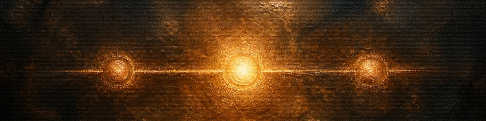 Painting of three glowing discs spaced evenly along a single horizontal line of light, the middle one brightest.