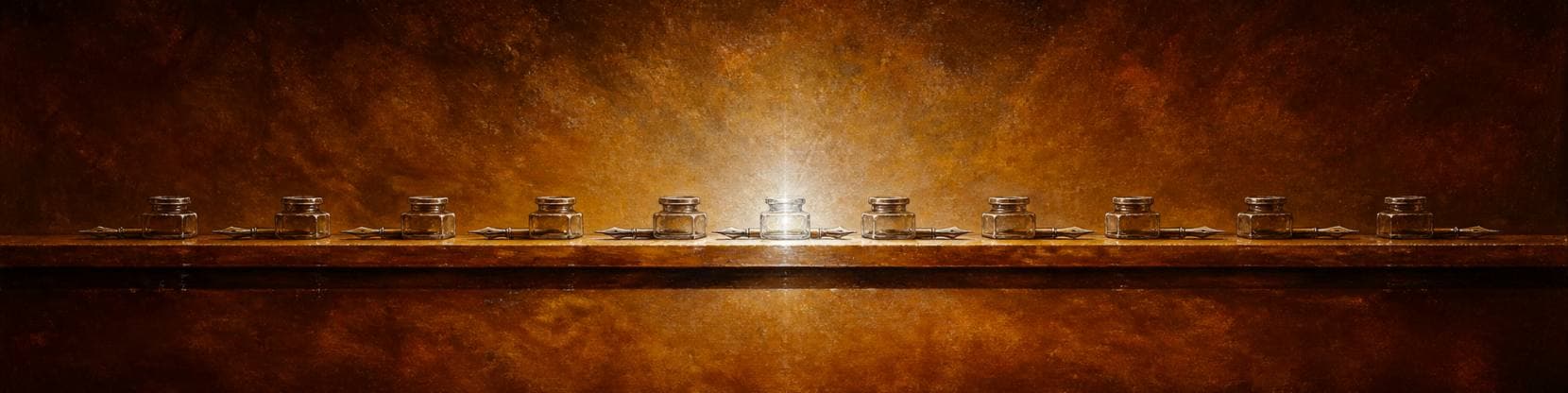 Painting of a long writing bench bearing a row of glass ink pots and steel-nibbed pens, the central pot catching the light.