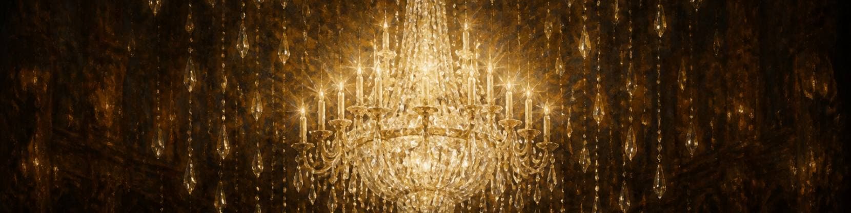 Painting of a great crystal chandelier blazing in a dark ballroom, its cascading drops scattering warm gold light into the shadows.
