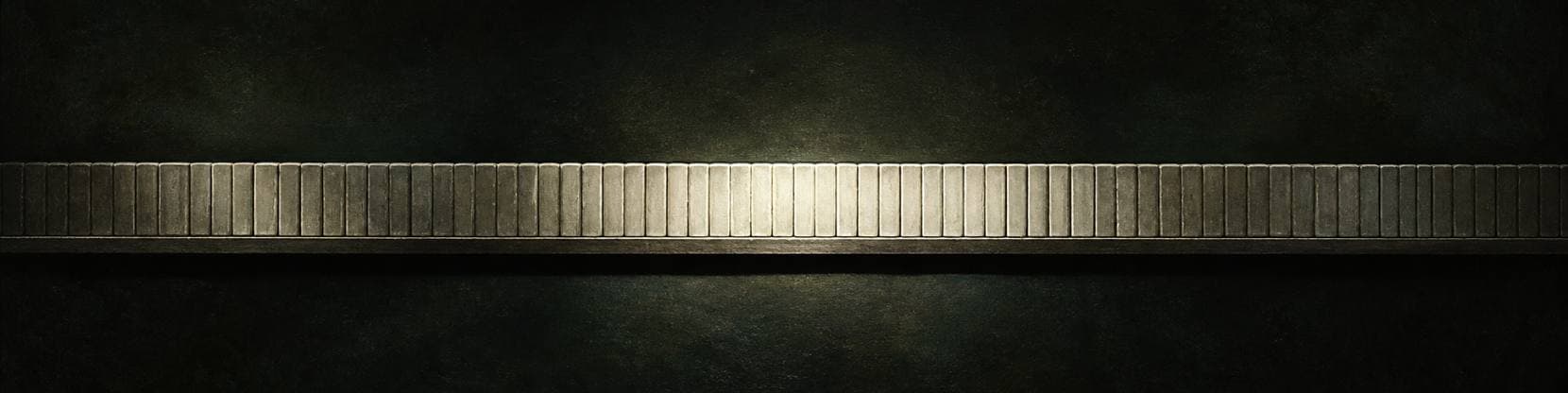 Painting of a long shelf filled edge to edge with tape boxes standing on their spines, the central few catching a warm light.