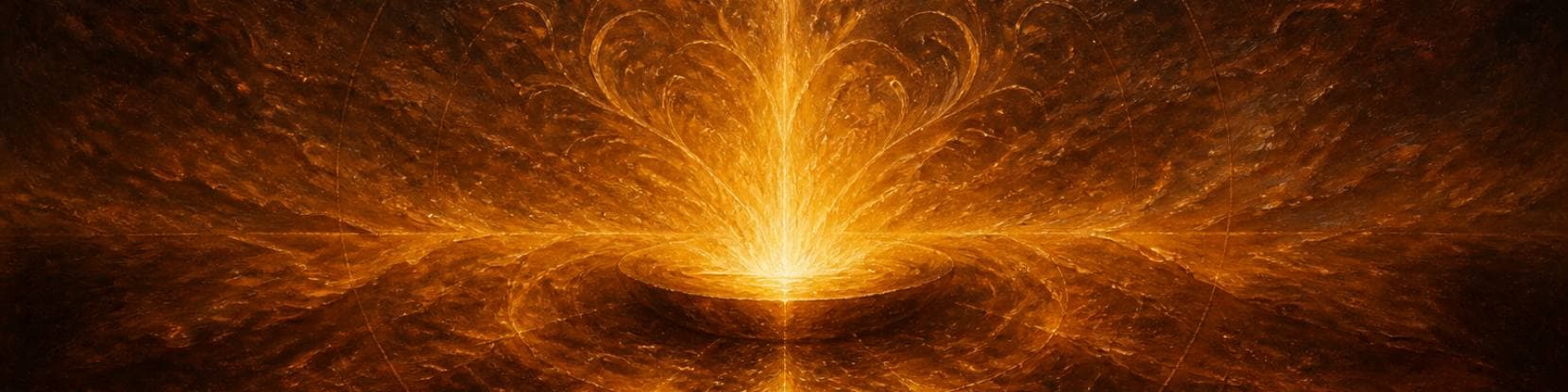 Painting of molten amber light welling upward from a dark basin and spreading outward in a broad radiance against deep bronze.