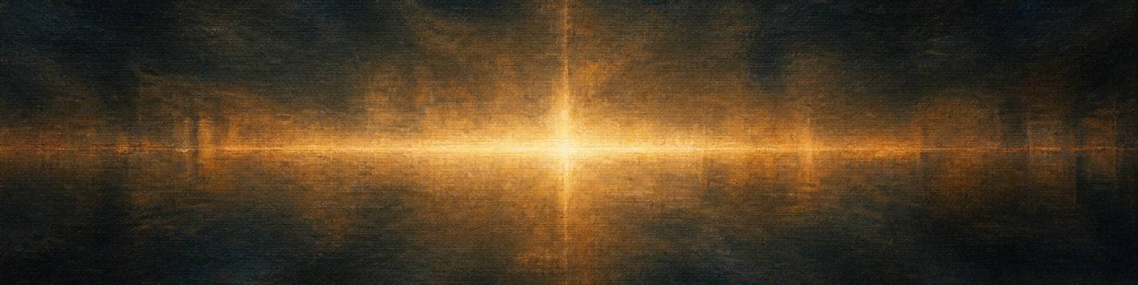 Painting of a tall graduated column of light rising through rungs of increasing brightness against a deep slate-blue ground.