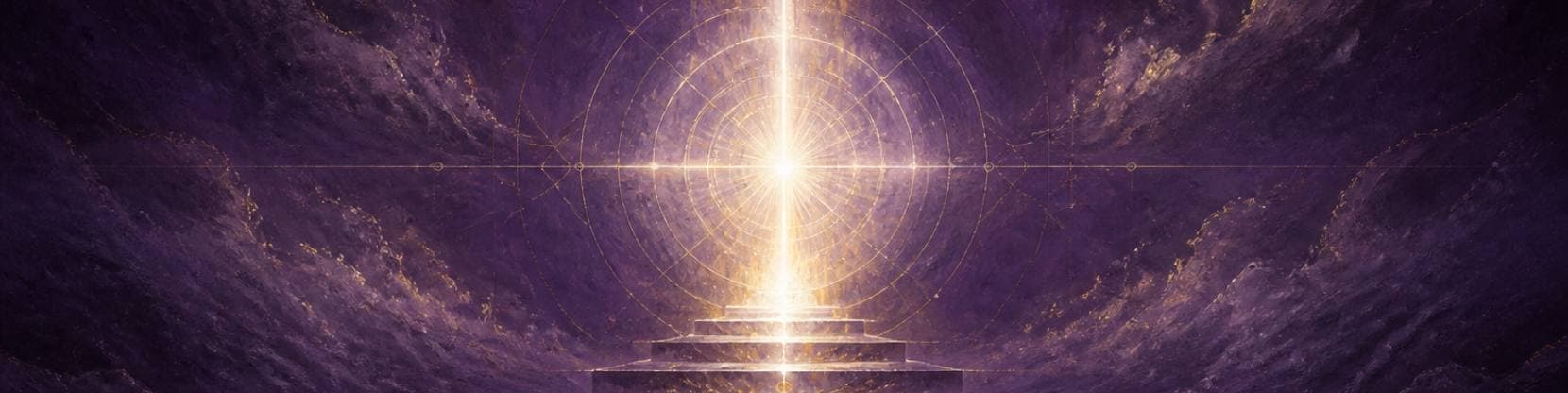 Painting of a column of white light rising through ascending stone terraces, ringed by fine gold circles against deep violet.
