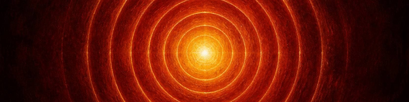 Painting of eight concentric rings of fiery gold light expanding above a burning horizon in deep scarlet.