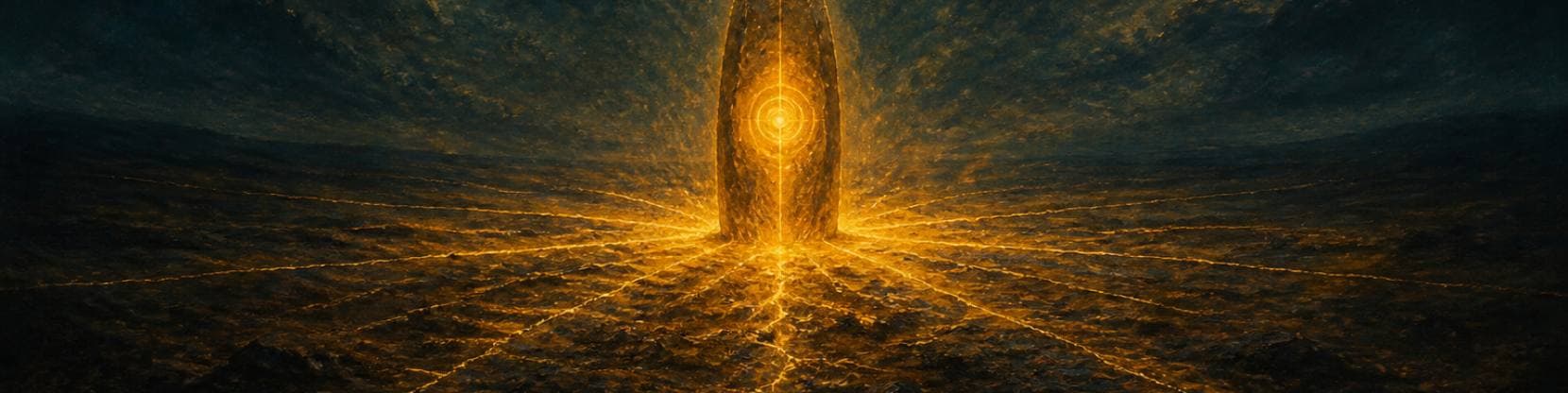 Painting of a single standing stone glowing from within on a dark plain, veins of gold light radiating outward across the ground.