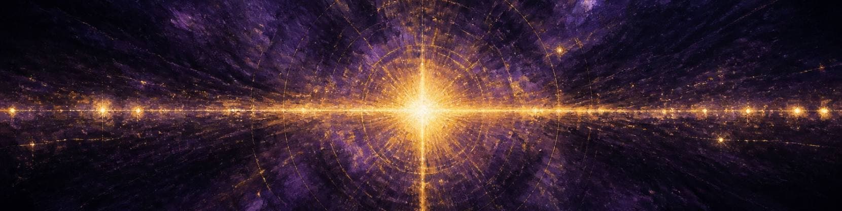 Painting of a blazing point of light with a long track of smaller lights extending away to either side through deep violet space.