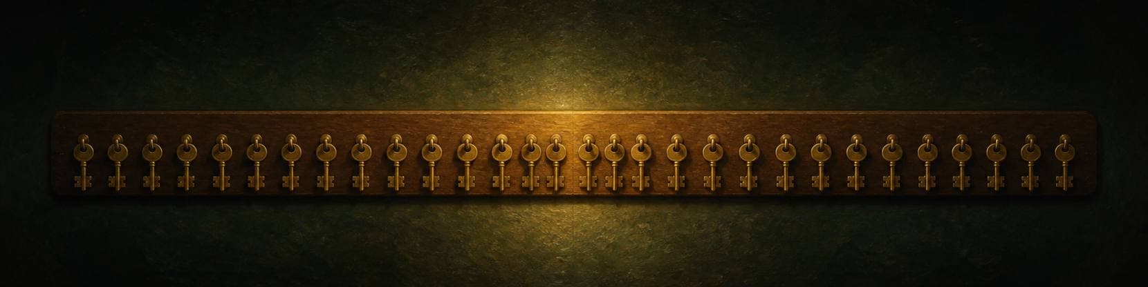 Painting of a long wooden board hung with a row of identical brass keys, each catching warm lamplight.