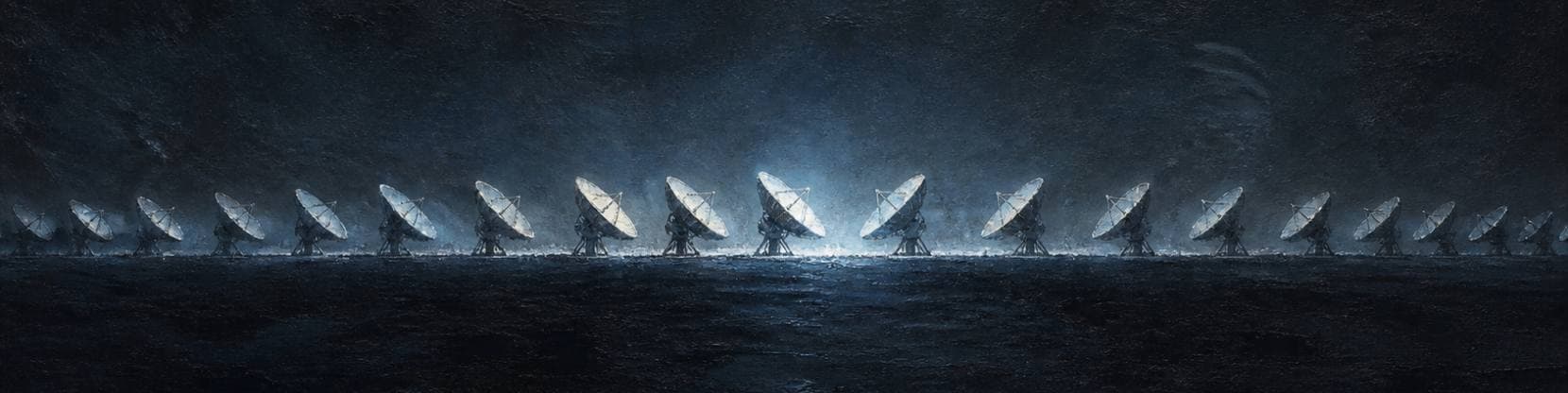 Painting of an array of great dish antennae ranged across a dark plain, all turned to the same point in a cold blue sky.