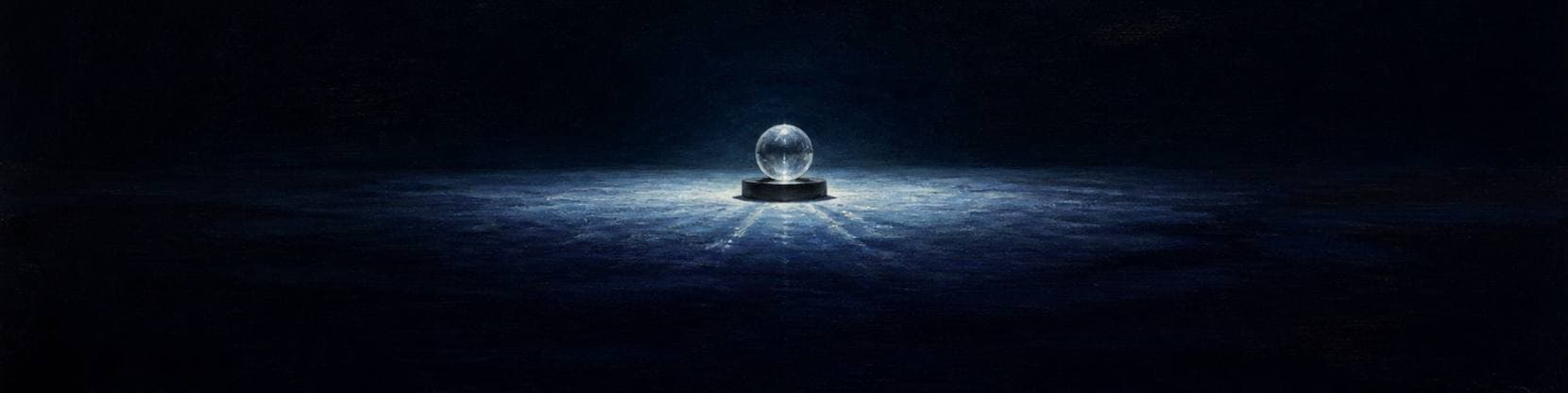 Painting of a single flawless glass sphere on a low dark plinth, brilliant white light passing cleanly through it.