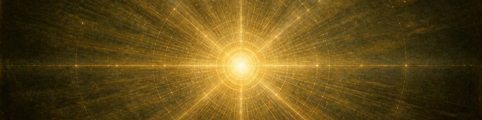 Painting of a radiant sphere of light at the centre of an ordered web of fine golden rays against a deep olive ground.