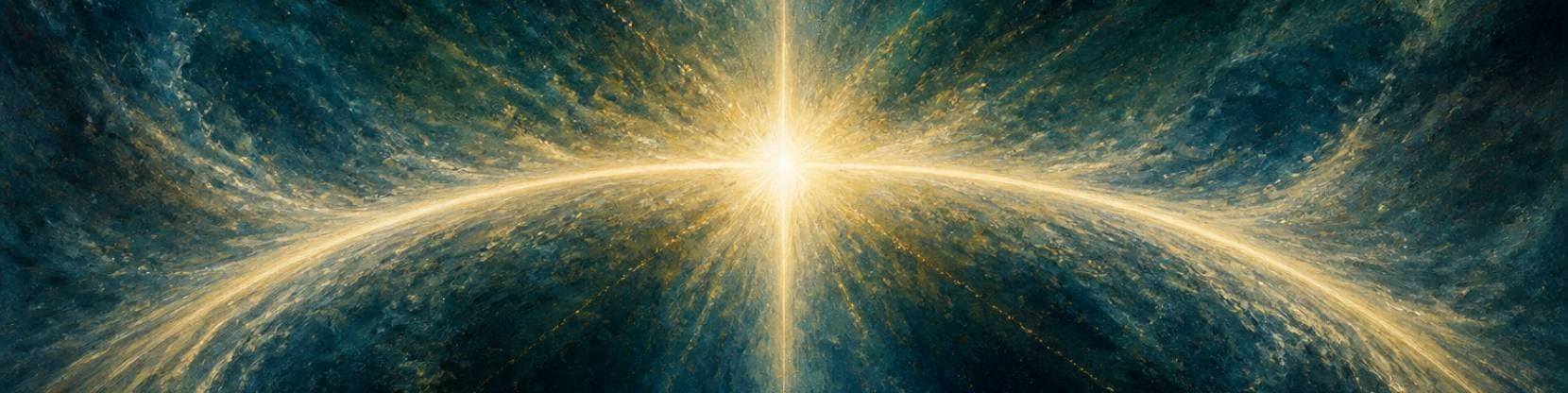 Painting of a luminous golden arc sweeping across a deep blue sky above a dark horizon, a star of light burning at its apex.