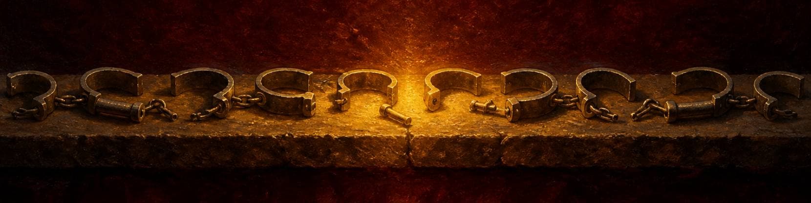 Painting of a row of heavy iron shackles lying open and unlocked along a stone ledge, lit warmly against deep crimson.