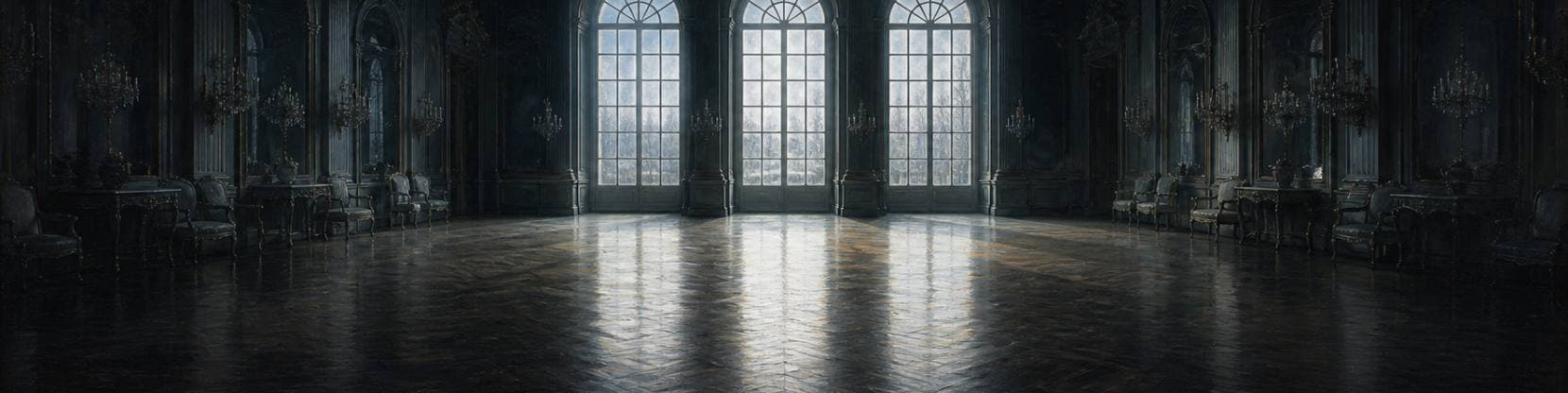 Painting of tall arched ballroom windows admitting pale cold daylight across a vast polished parquet floor.