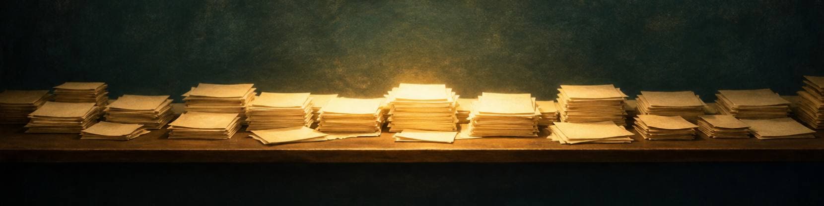 Painting of stacks of plain printed sheets ranged along a long wooden table, the central stack glowing warmly against deep teal.