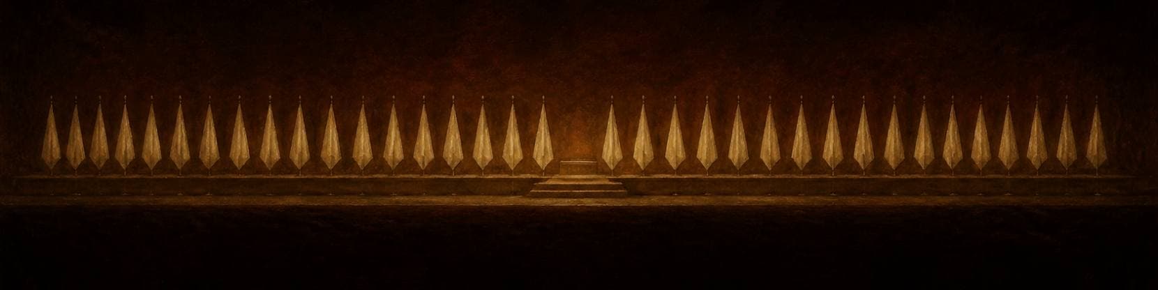 Painting of a long row of furled ceremonial standards ranged evenly across a low platform in a great darkened hall.
