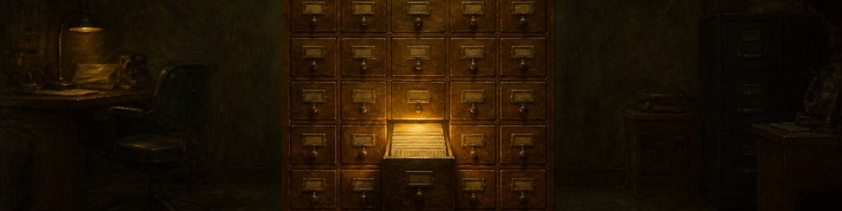 Painting of a wooden card-index cabinet in a dim office, one drawer pulled open and glowing warmly from within.