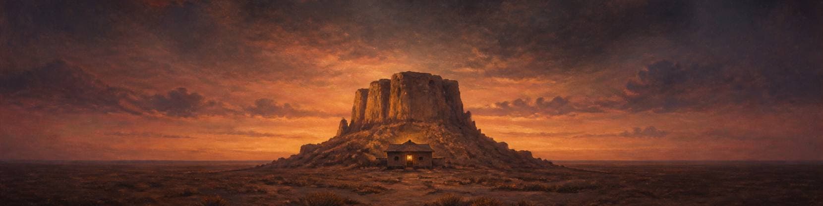 Painting of a desert mesa at dusk beneath a burning orange sky, a small building at its foot with one lit window.