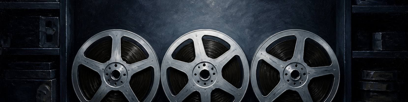 Painting of three large reel-to-reel tape reels standing side by side on a dark shelf, their spokes catching cool steel light.