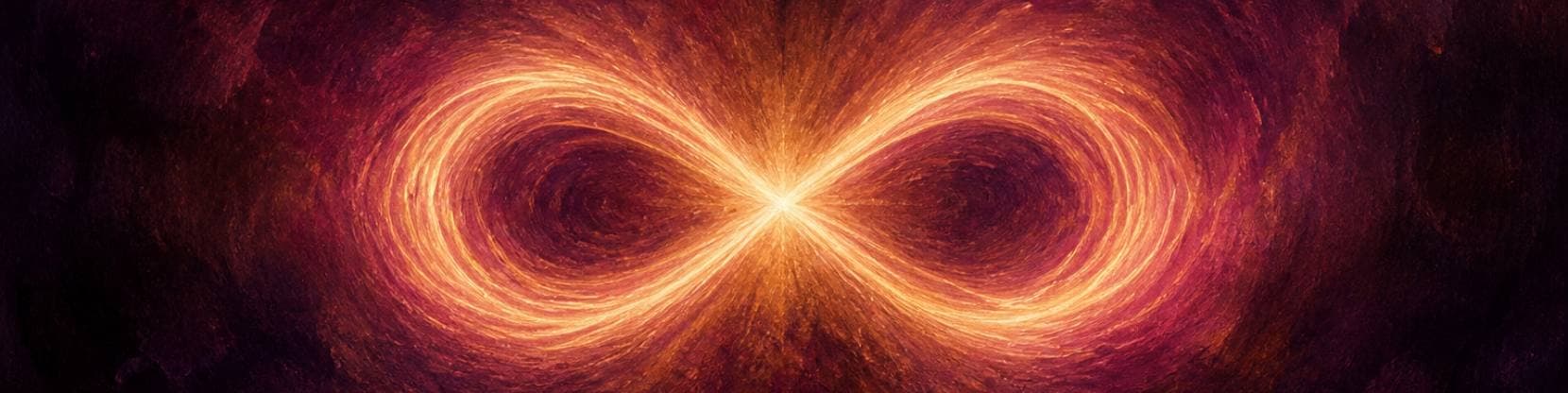 Painting of a luminous figure-of-eight ribbon of light, its two loops balanced either side of a bright centre, in plum and rose.