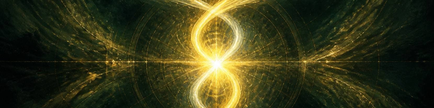 Painting of two luminous currents of light spiralling around one another as they rise from a single blazing point in deep forest green.