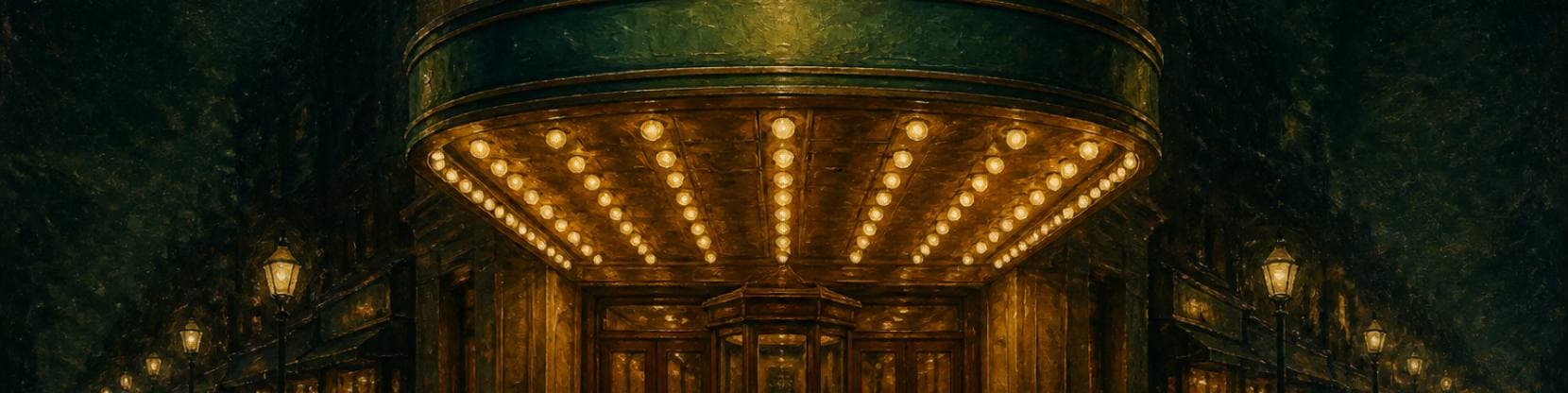 Painting of a nineteen-fifties theatre entrance canopy at night, its underside studded with rows of glowing bulbs.
