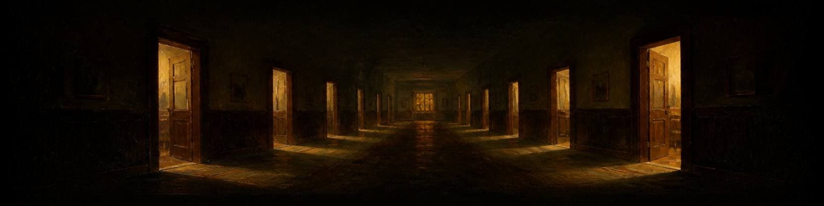 Painting of a dim office corridor lined with open doorways, warm light spilling from each across the floor.
