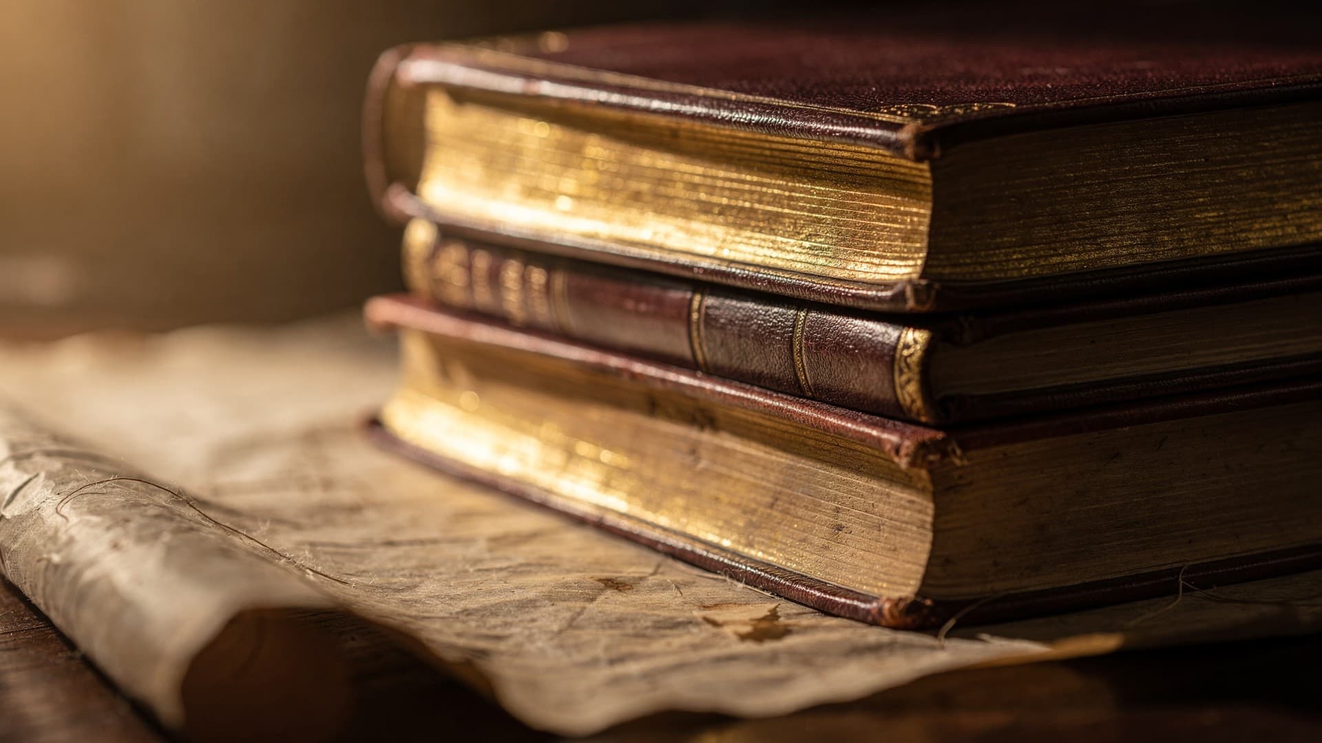 A stack of leather-bound volumes with gilded edges on parchment, representing L. Ron Hubbard's foundational essential writings