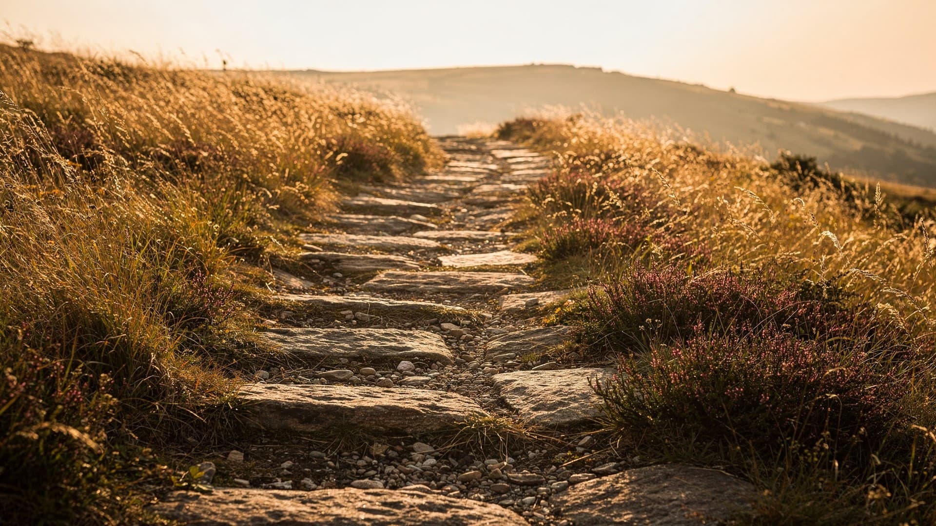 A golden-hour path ascending through tranquil hills, evoking the journey up the Bridge through independent Scientology auditing and training.